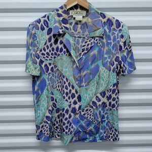 Carlisle Size 14 Women Blue Abstract Animal Print 100% Silk Short Sleeve Blouse